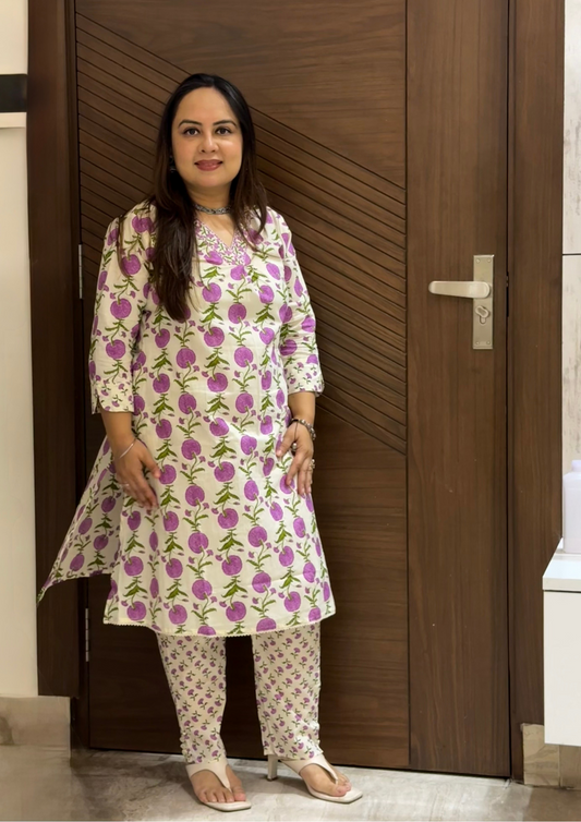 Reya Lavender Floral Sanganeri Printed Cotton Co-Ord Set