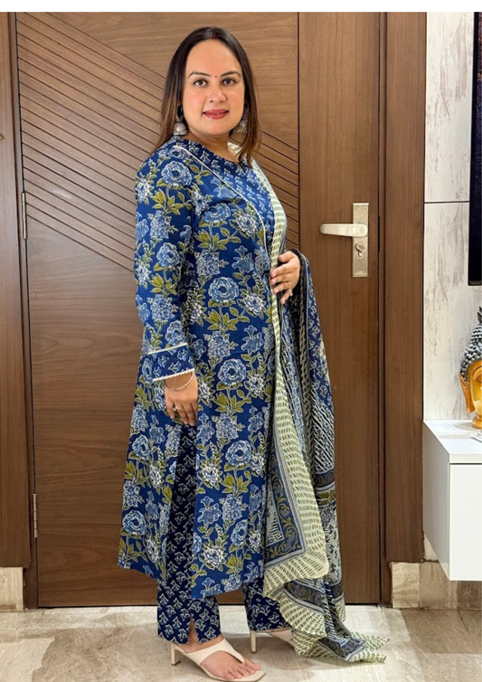 Ishvya Indigo Floral Sanganeri Printed Cotton Suit Set With Dupatta & Pants