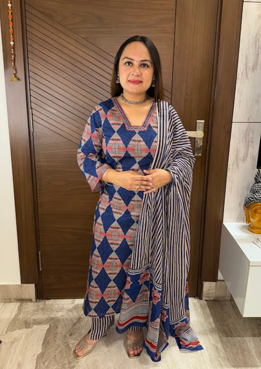 Niva Blue Sanganeri Printed Cotton Suit Set With Dupatta & Pants