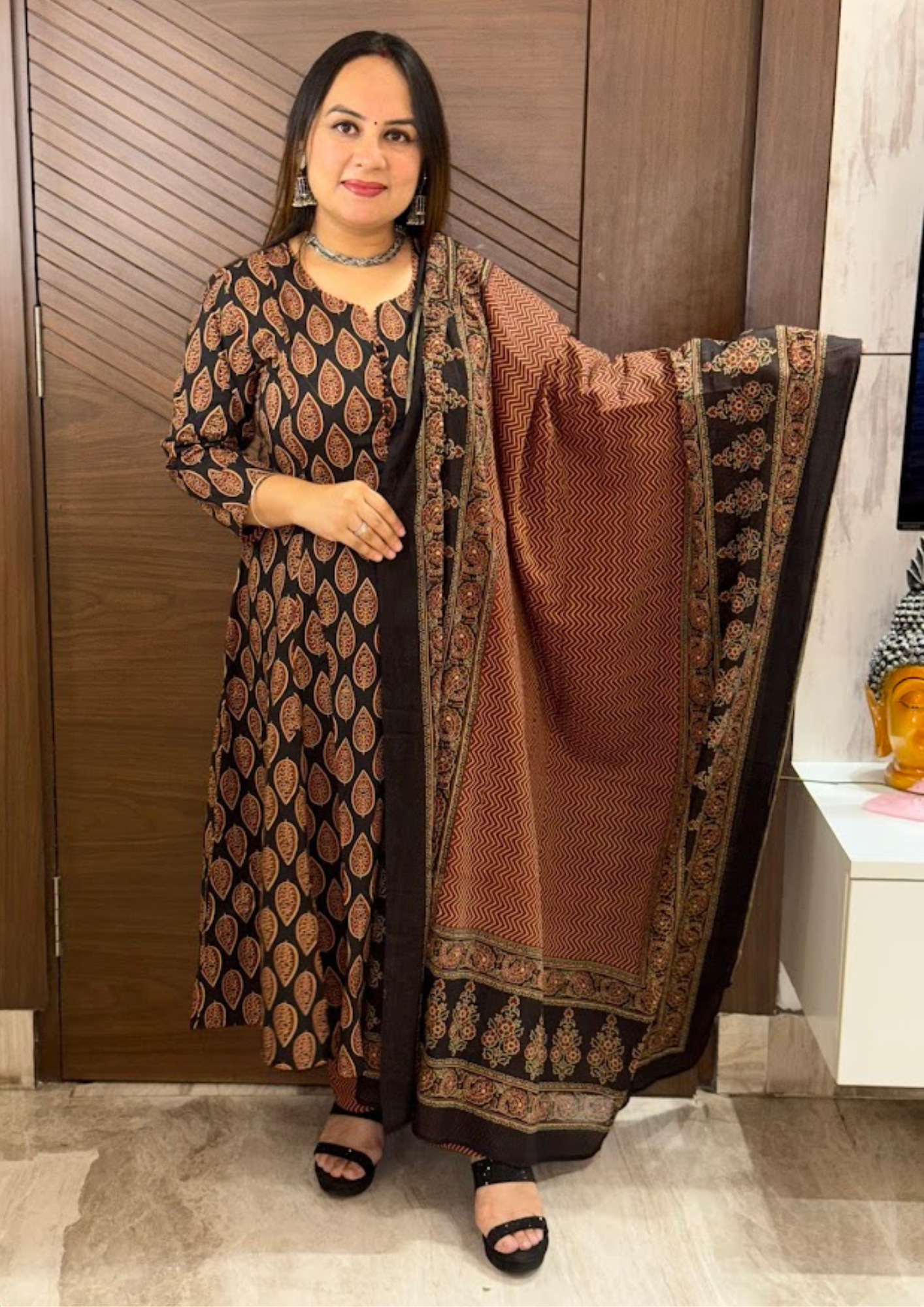 Ria Black Sanganeri Cotton Anarkali Suit Set With Dupatta And Pants