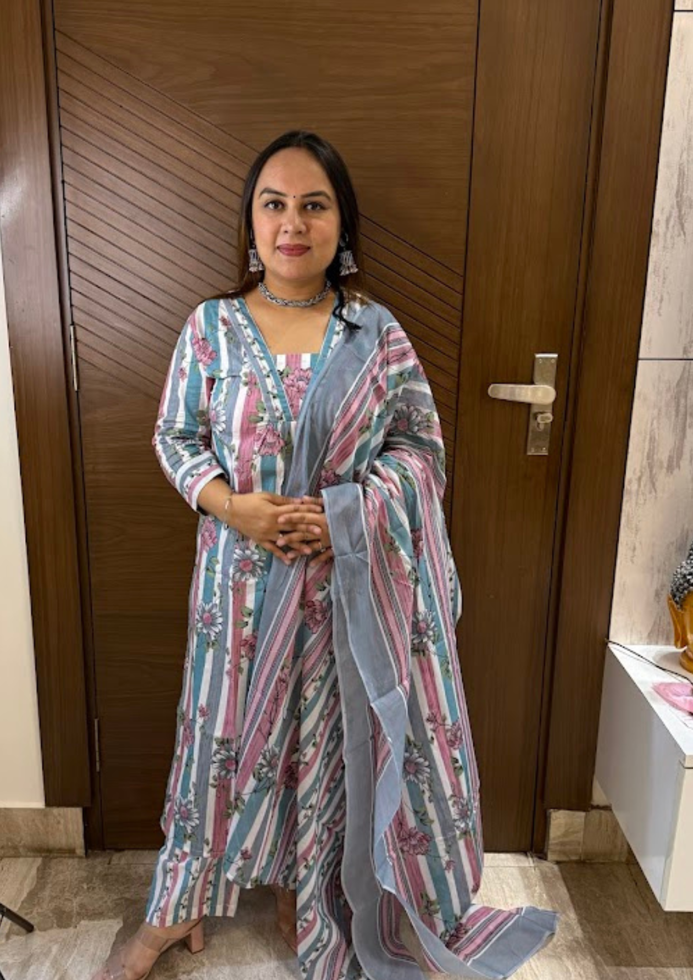 Sia Pastel Pink & Blue Cotton Floral Print Suit Set with Dupatta and Pant