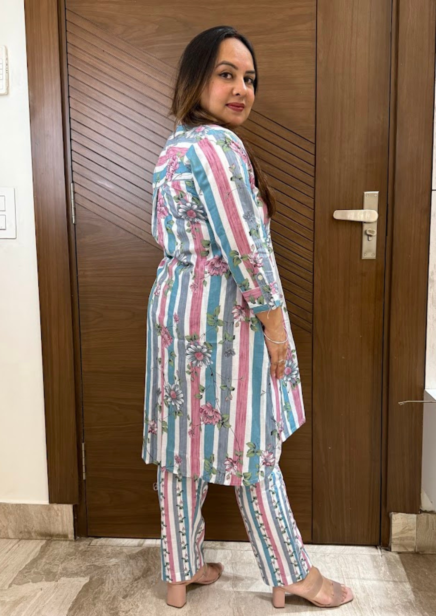 Eva Pastel Pink & Blue Cotton Floral Printed Co-Ord Set With Pants