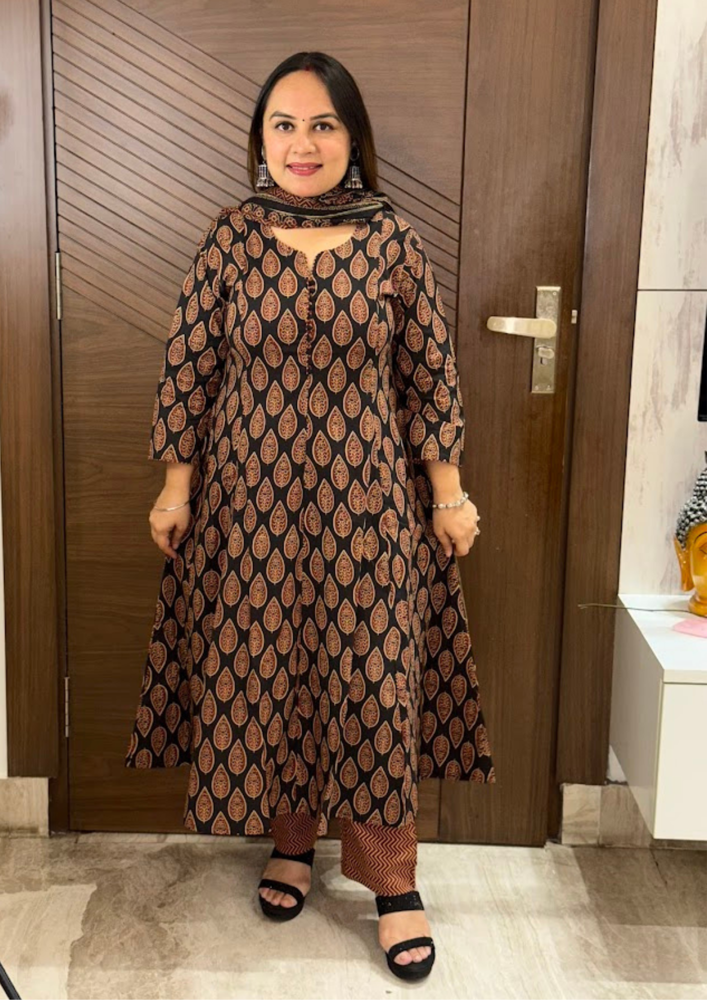 Ria Black Sanganeri Cotton Anarkali Suit Set With Dupatta And Pants