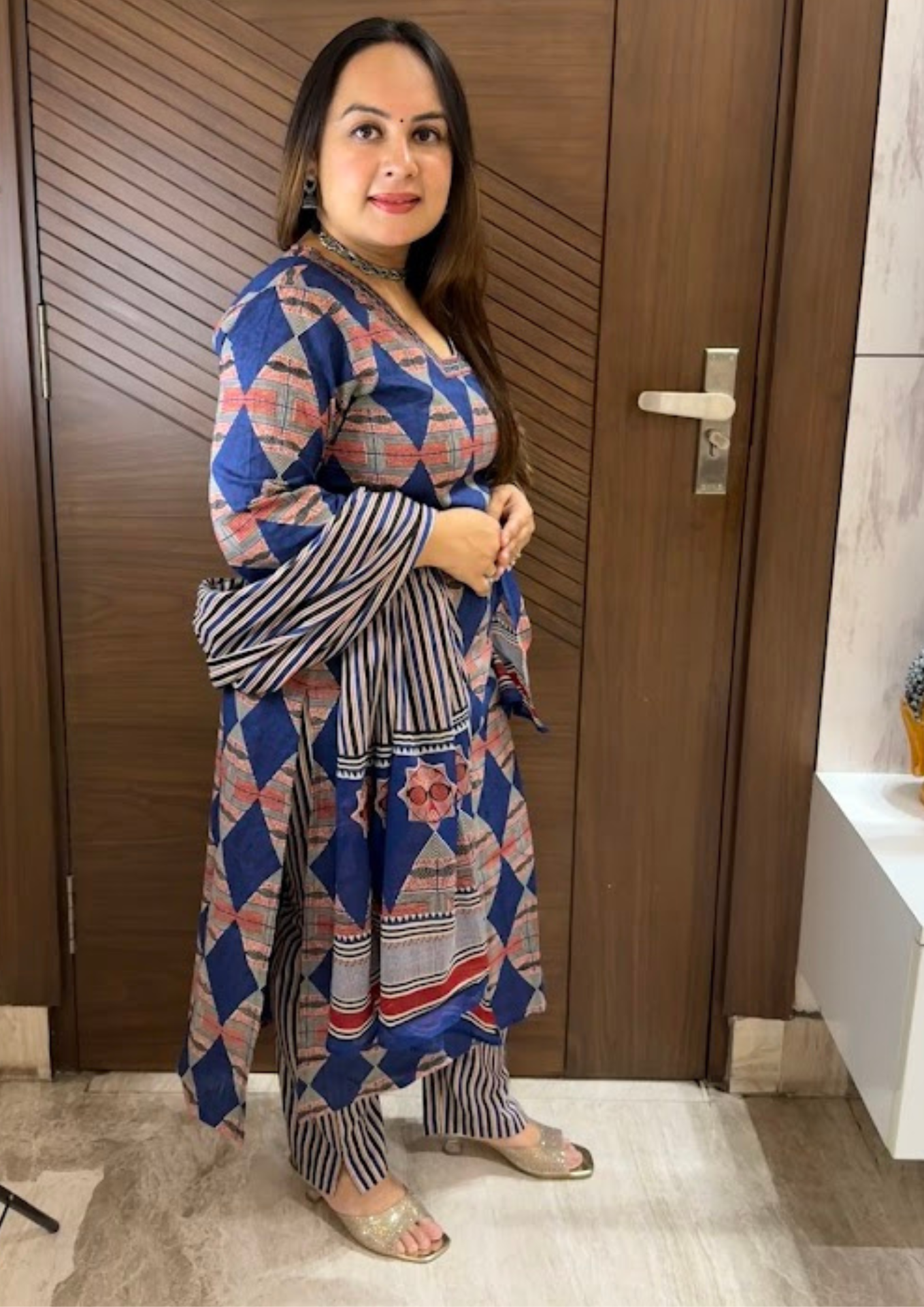 Niva Blue Sanganeri Printed Cotton Suit Set With Dupatta & Pants