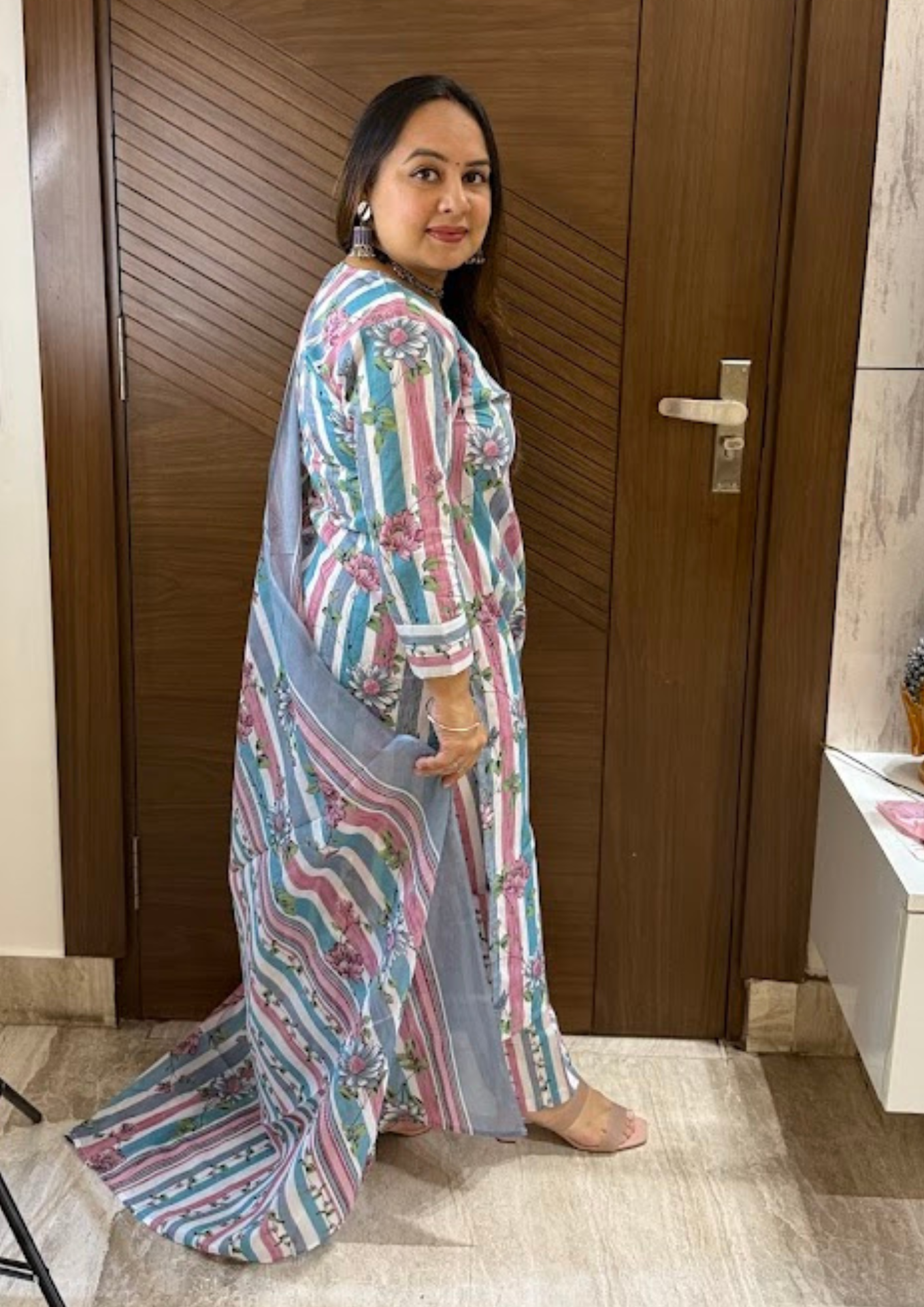 Sia Pastel Pink & Blue Cotton Floral Print Suit Set with Dupatta and Pant