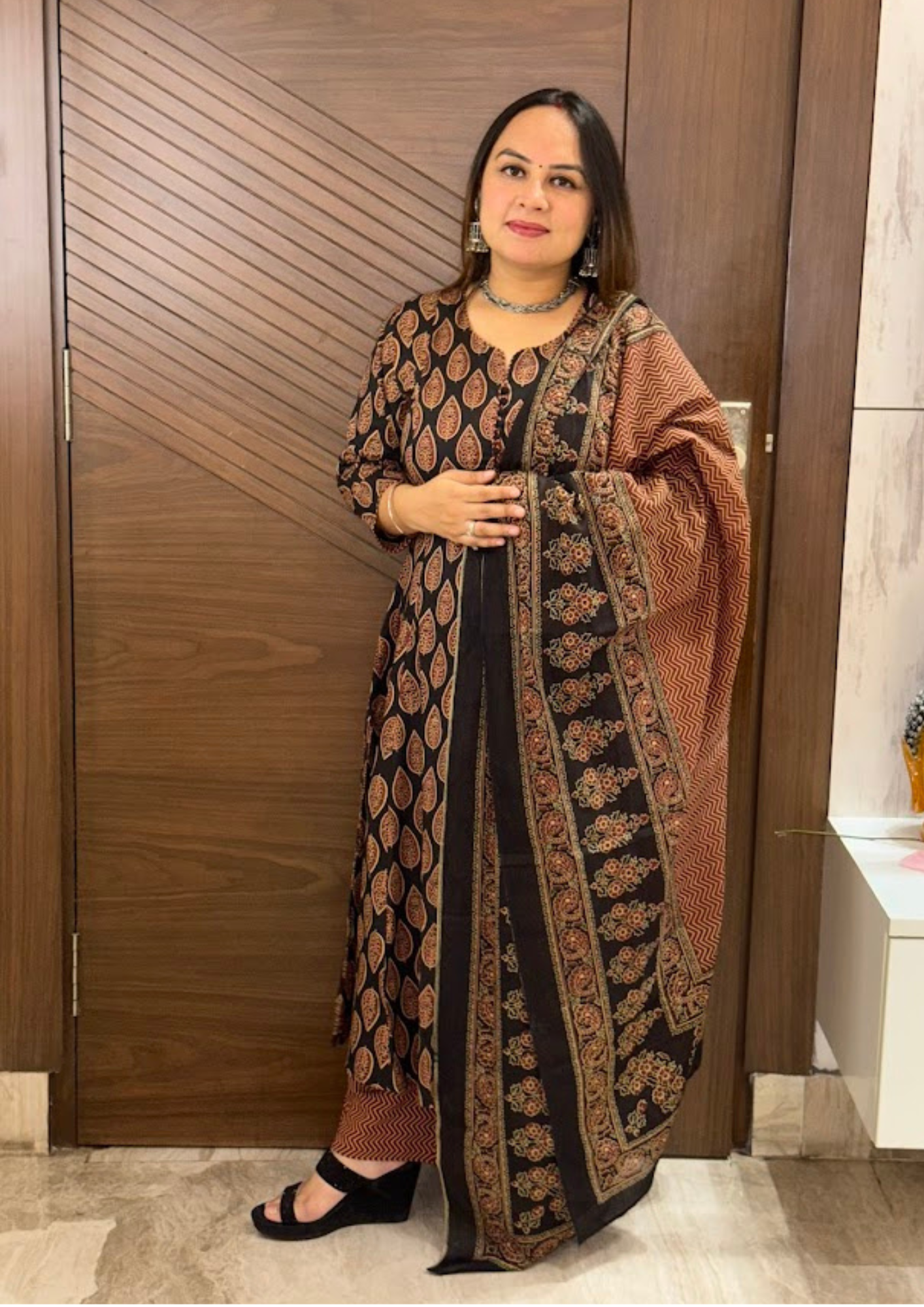 Ria Black Sanganeri Cotton Anarkali Suit Set With Dupatta And Pants