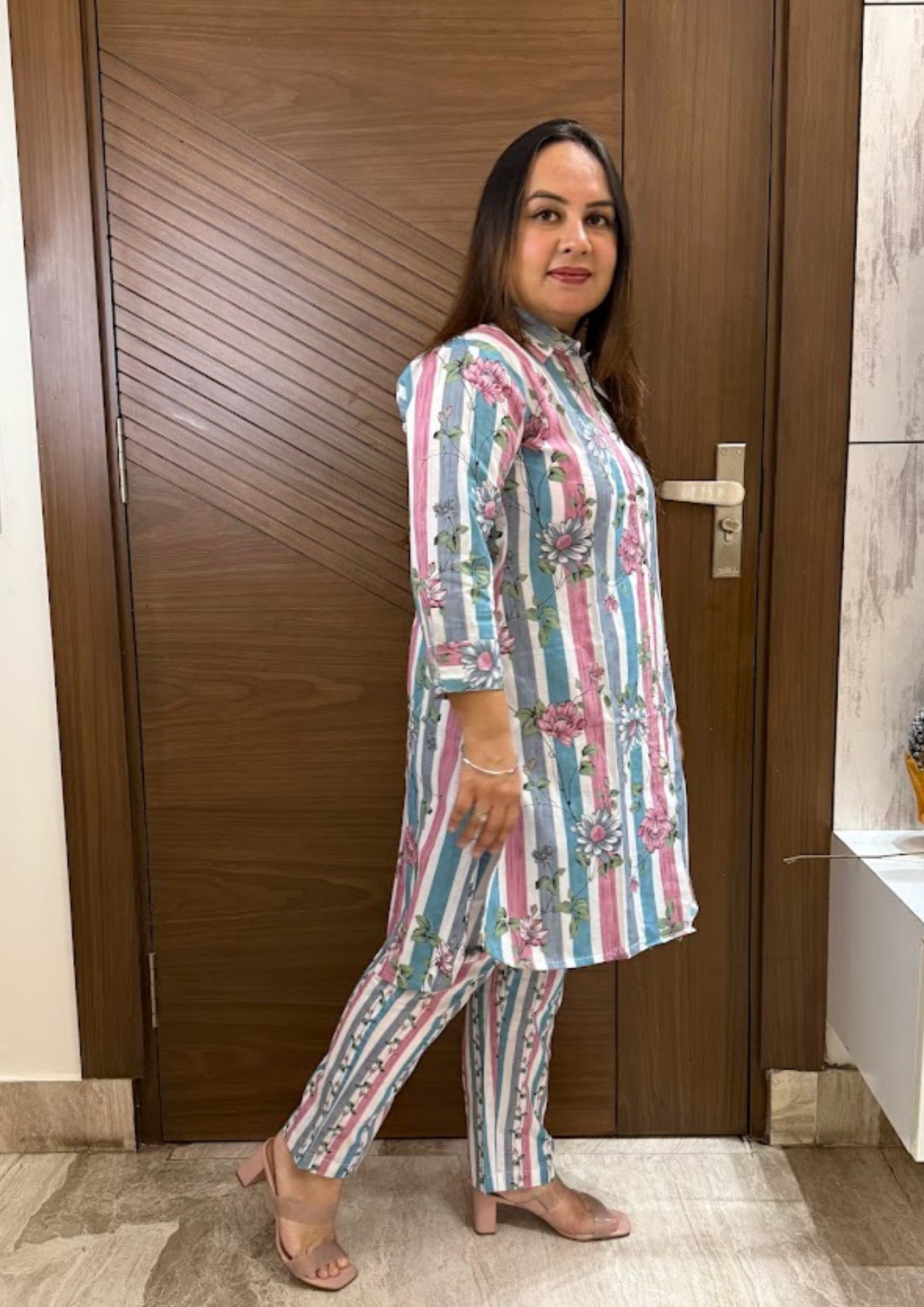 Eva Pastel Pink & Blue Cotton Floral Printed Co-Ord Set With Pants