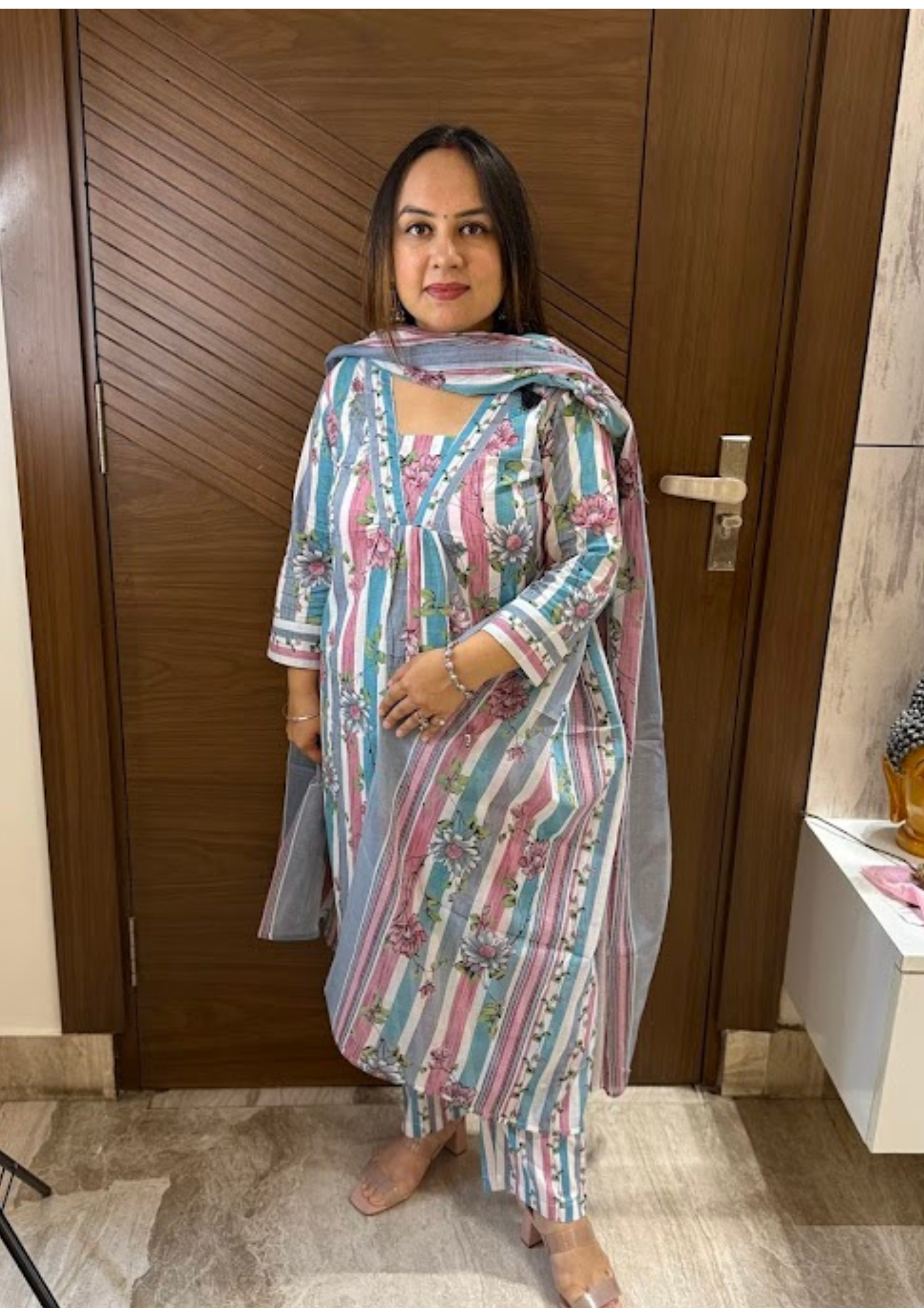 Sia Pastel Pink & Blue Cotton Floral Print Suit Set with Dupatta and Pant