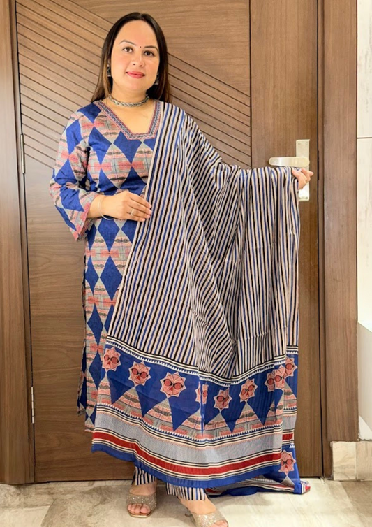 Niva Blue Sanganeri Printed Cotton Suit Set With Dupatta & Pants