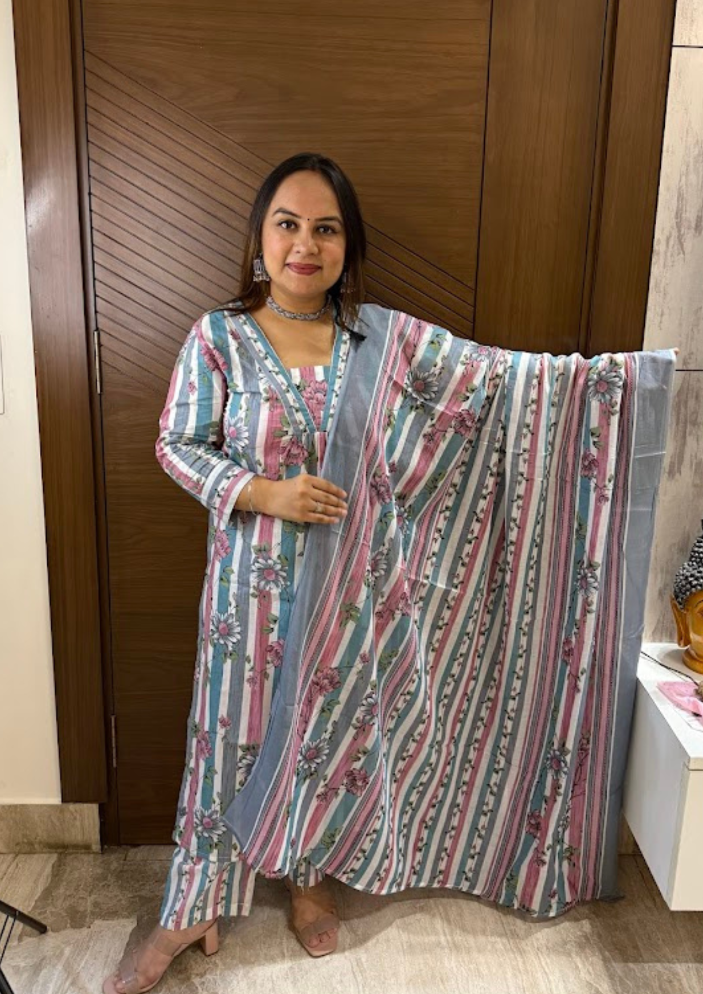 Sia Pastel Pink & Blue Cotton Floral Print Suit Set with Dupatta and Pant