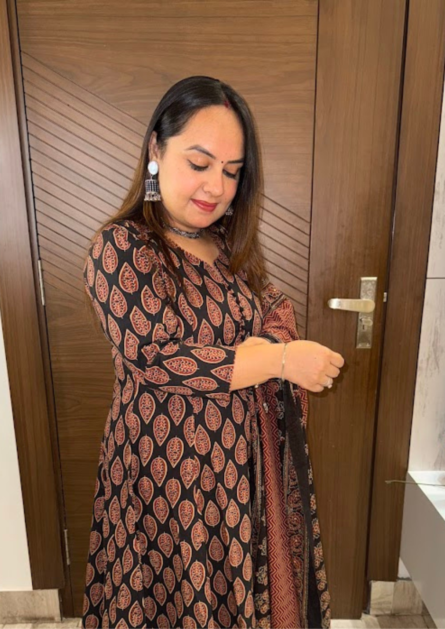 Ria Black Sanganeri Cotton Anarkali Suit Set With Dupatta And Pants