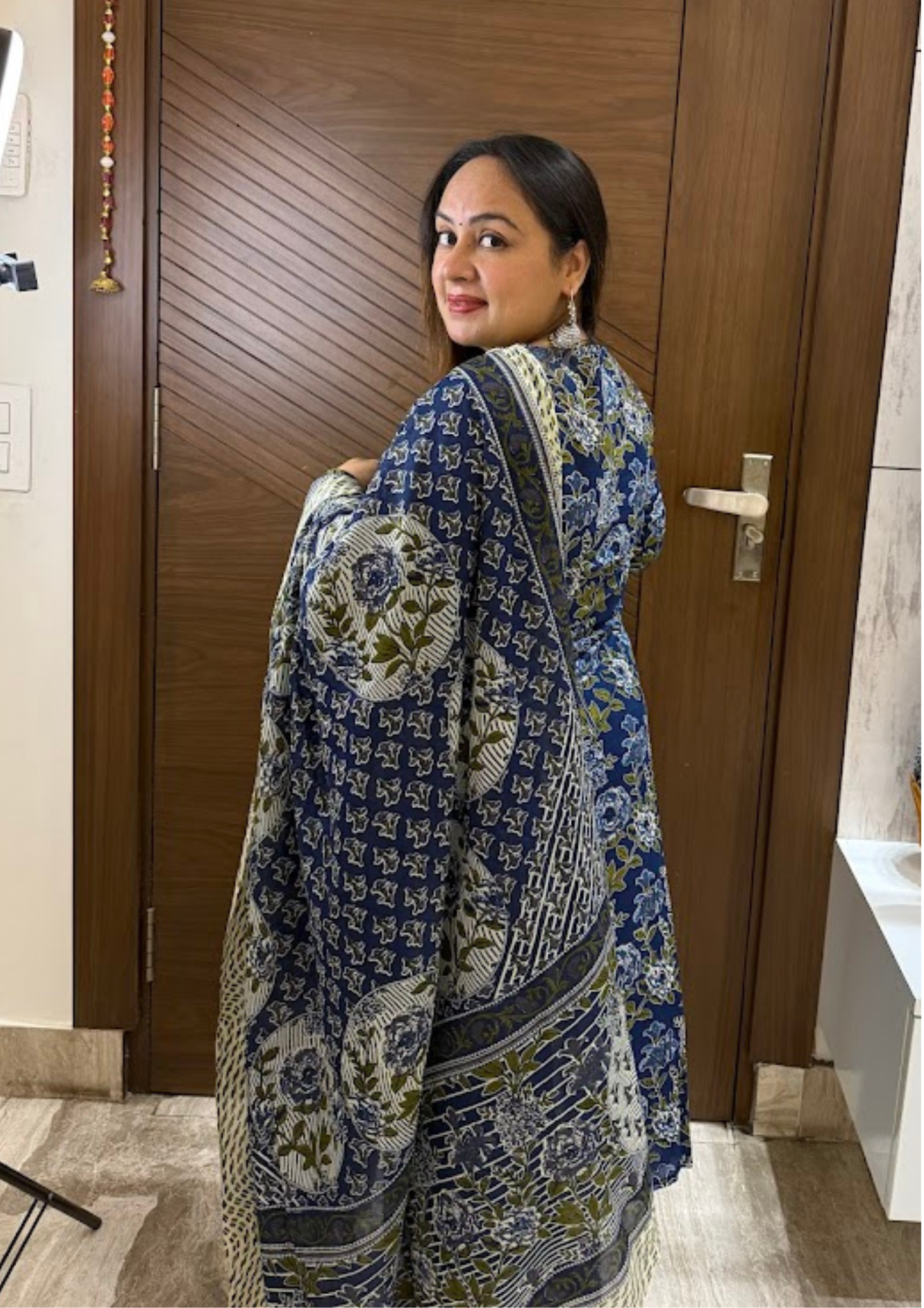 Ishvya Indigo Floral Sanganeri Printed Cotton Suit Set With Dupatta & Pants