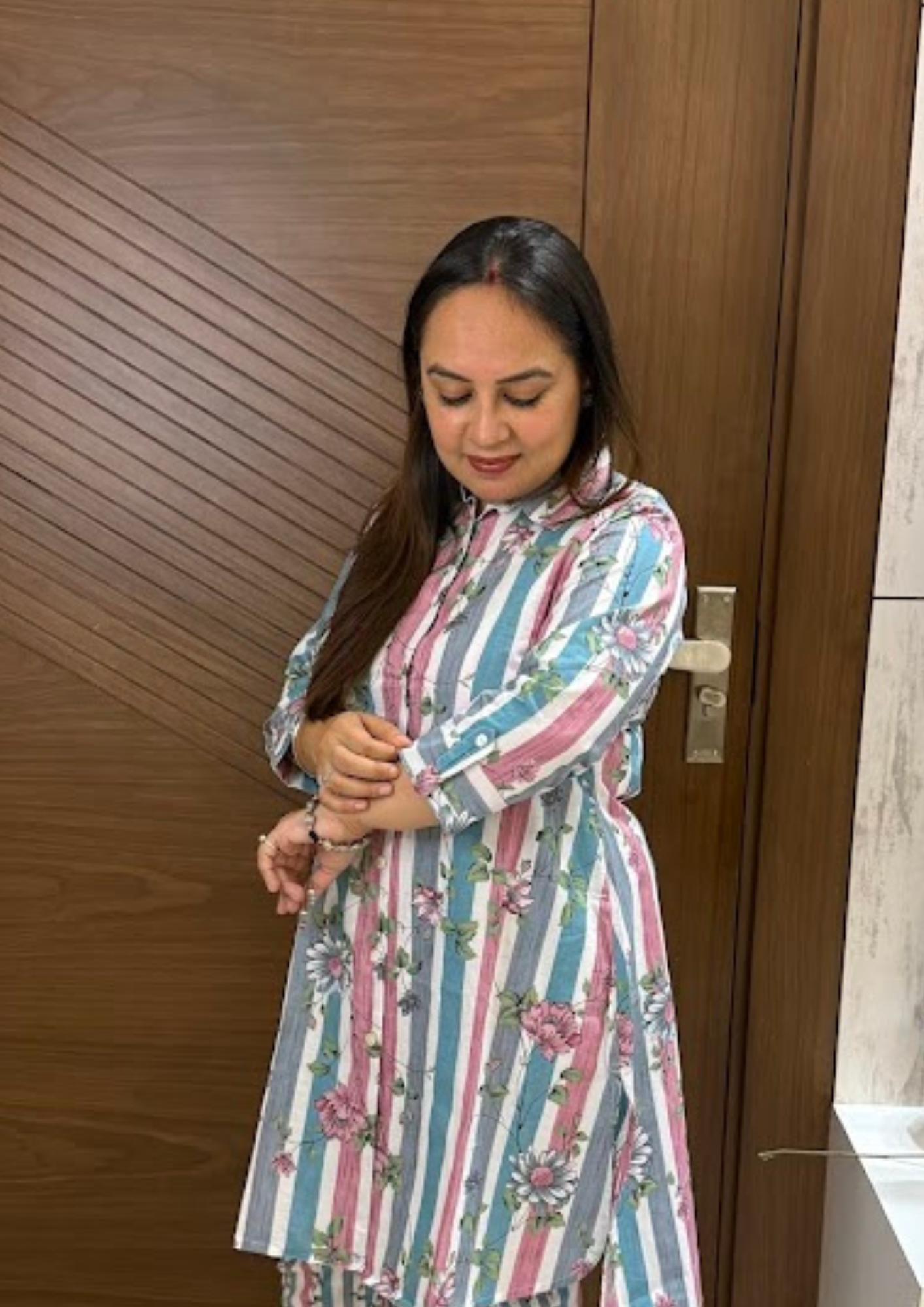 Eva Pastel Pink & Blue Cotton Floral Printed Co-Ord Set With Pants