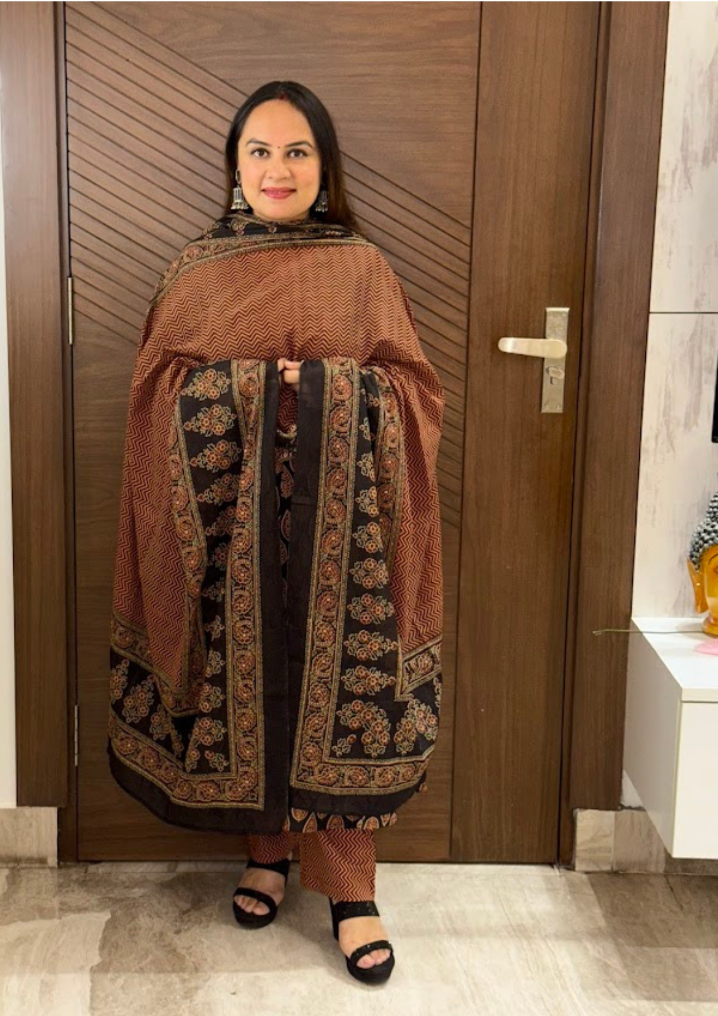 Ria Black Sanganeri Cotton Anarkali Suit Set With Dupatta And Pants