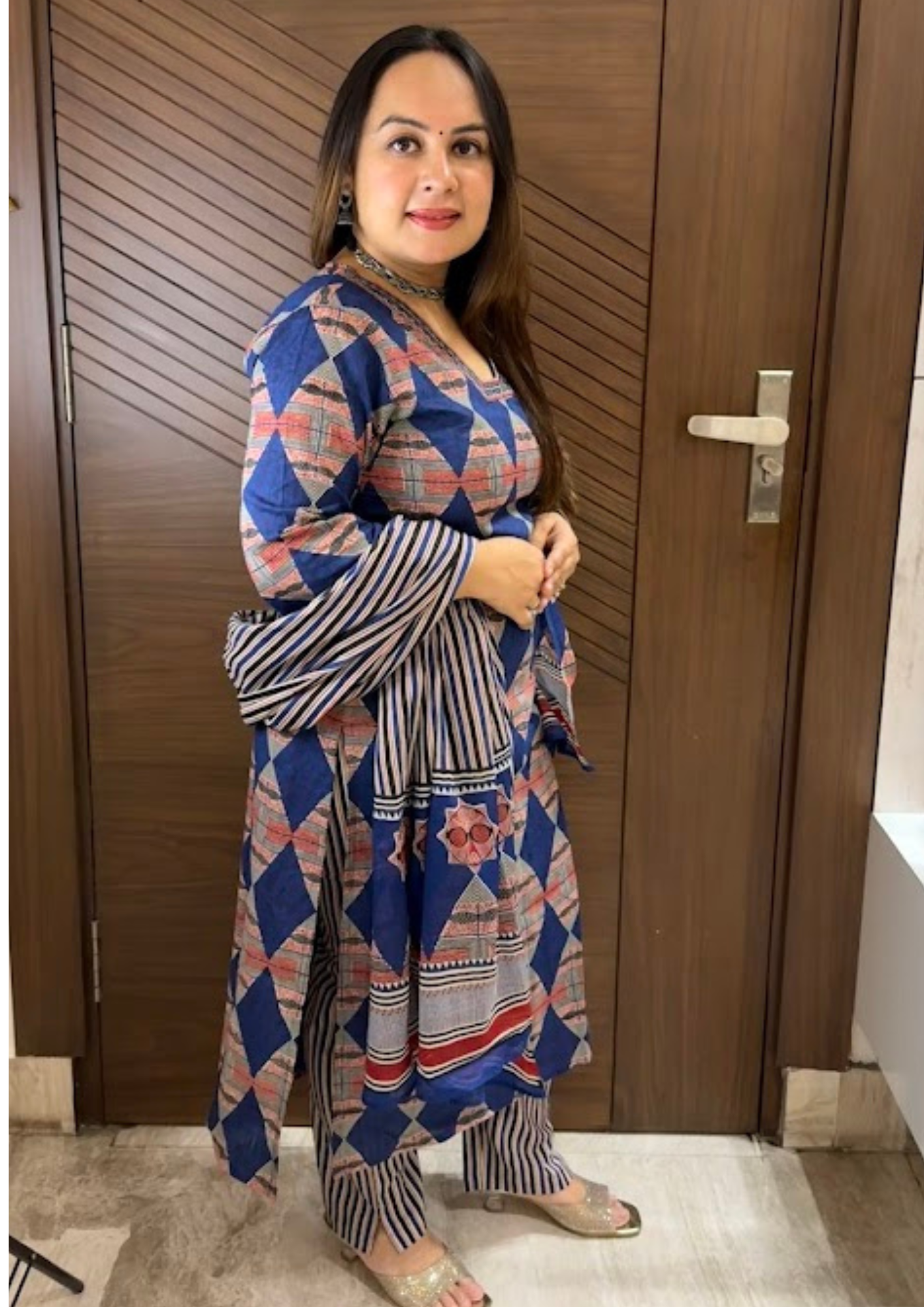 Niva Blue Sanganeri Printed Cotton Suit Set With Dupatta & Pants