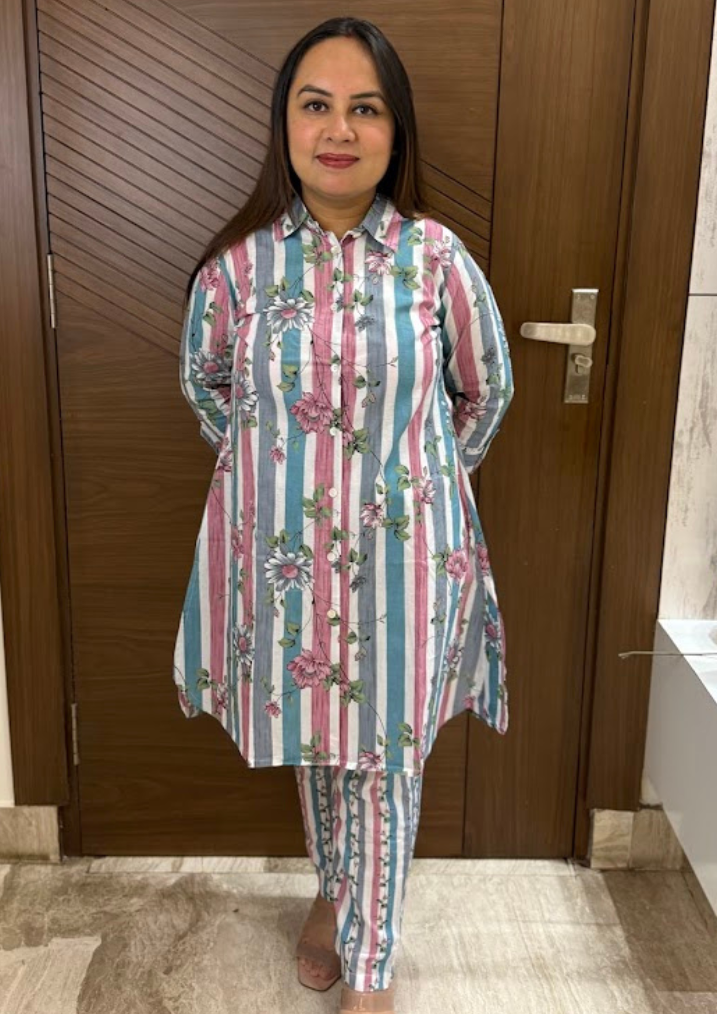 Eva Pastel Pink & Blue Cotton Floral Printed Co-Ord Set With Pants